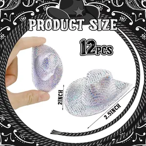 Detail view of mini holographic glitter cowboy hats with dimensions for disco party supplies
