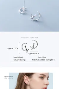 Detailed size and dimension view of cute silver cat on moon stud earrings in S925 silver