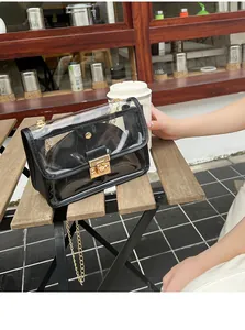 Dettaglio borsa a tracolla trasparente jelly con bordo nero e catena d'oro