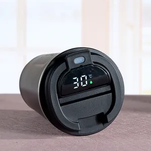 Close-up of smart vacuum coffee cup lid with LED digital temperature display