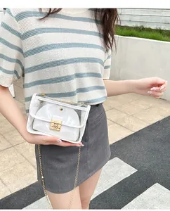 Dettaglio lifestyle di una borsa jelly bianca trasparente con elegante catena dorata