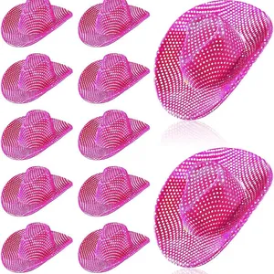 Set of 12 pink glitter cowgirl hats for disco parties and holographic western themes.