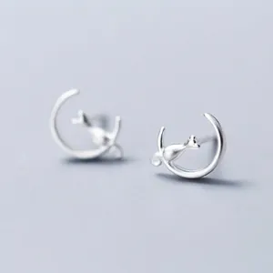 S925 Sterling Silver Moon Cat Stud Earrings For Women Korean Style Cute Tiny Kitty Crescent Moon Stud Jewelry Birthday Gift