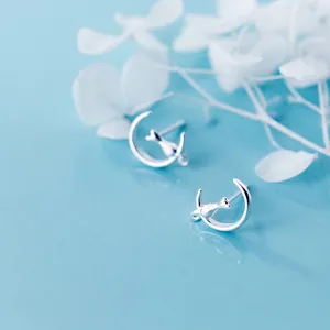 Cute S925 sterling silver cat on moon stud earrings for women with blue background