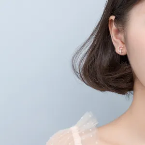 Elegant minimalist S925 silver crescent moon and cat stud earrings worn by an Asian model.