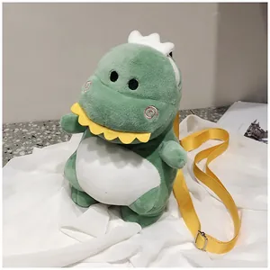 Cute green plush dinosaur crossbody bag for children and women with yellow strap
