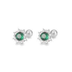 Elegant S999 silver screw back stud earrings featuring a brilliant green gemstone halo