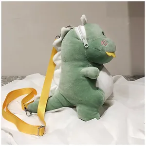 Side view profile of a cute green plush dinosaur crossbody bag with yellow nylon strap