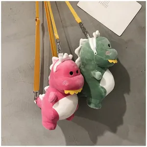 Cute dinosaur plush crossbody bags with adjustable yellow straps for children and girls