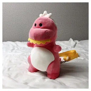 Full view of a cute pink plush dinosaur crossbody bag with a vibrant yellow strap