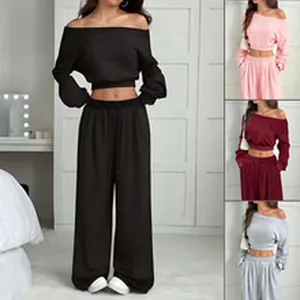 Women's off-the-shoulder long sleeve top and wide-leg pants lounge set in four colors