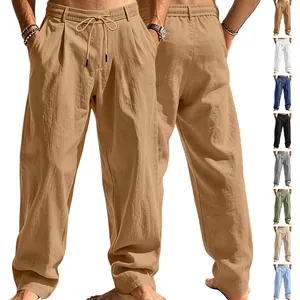Men Cotton Linen Casual Pants Drawstring Elastic Waist Straight Leg Lightweight Breathable Summer Beach Vacation Trousers