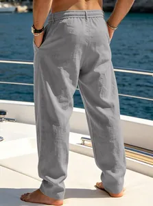 Men's summer loose straight leisure trousers in grey, breathable beach pants back view