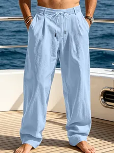 Men's loose light blue linen pants with drawstring waist for casual summer beach style