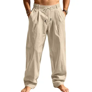 Men's loose straight-leg casual trousers in breathable beige cotton linen style for summer