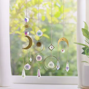 Set of 4 gold sun and moon crystal suncatchers with rainbow prisms for home window decor