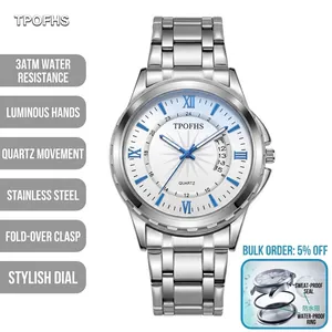 Detail of silver stainless steel quartz watch with white dial and blue Roman numerals.