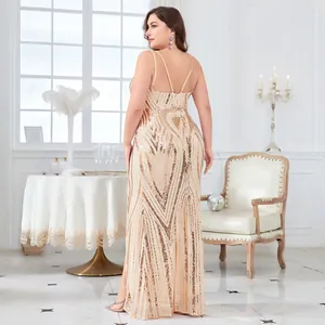 Elegant plus size sequin evening dress with spaghetti straps and high slit