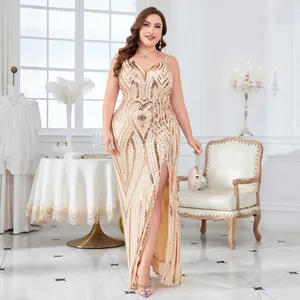Elegant plus size champagne gold sequined evening gown with high slit and V-neckline