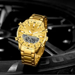 WWOOR luxury gold stainless steel dual-display men's watch with 50M water resistance