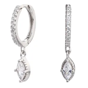 S925 sterling silver hoop earrings with marquise-cut zircon pendants on white background