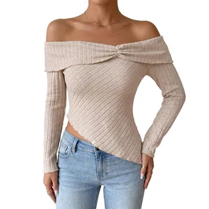 Women's off-the-shoulder ribbed knit long-sleeve top with asymmetrical hem in beige