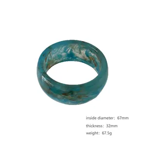 Geometric wide blue marble pattern resin bangle bracelet with 67mm inner diameter