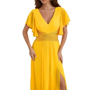 Robe de soirée élégante jaune en mousseline avec col en V, taille pailletée et manches volantées