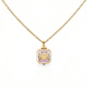 Elegant gold plated Mother's Day necklace with square MOM heart floral pendant gift