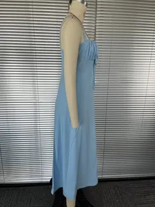 Detailed side view of a light blue French style cami maxi dress with ruched bodice.