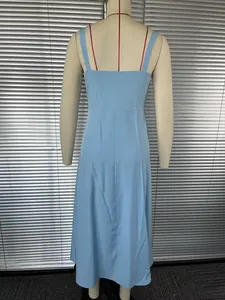 Detailed back view of a light blue French style slip dress displayed on a mannequin.