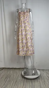 Elegant French style floral print midi dress with spaghetti straps and side slit detail