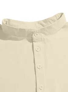 Close-up detail of the stand collar and button placket on a men's beige cotton linen shirt