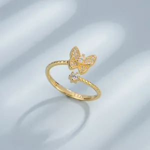 Elegant S925 sterling silver butterfly open ring with sparkling cubic zircon in gold finish