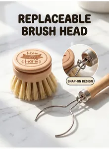 Detail view of beech wood kitchen brush with replaceable sisal head and clip handle.