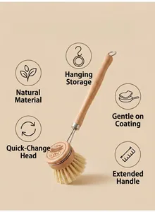 Detail view of a wooden kitchen cleaning brush with long handle and replaceable bristles.