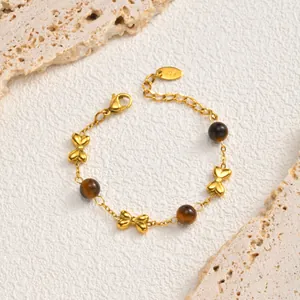 Gold stainless steel bow bracelet with brown beads for kids and women