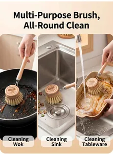Detailed view of natural beech wood brush cleaning greasy pans and kitchen sinks