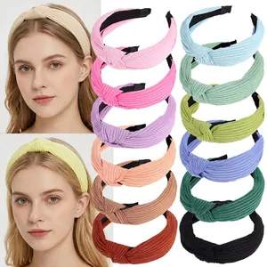 Women Wide Ribbed Knot Headband Solid Color Floral Bird Print Knit Cross Twist Hair Band Fashion Hair Accessories