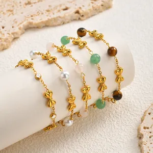 Bracelets dorés en acier inoxydable avec nœuds et perles colorées pour filles
