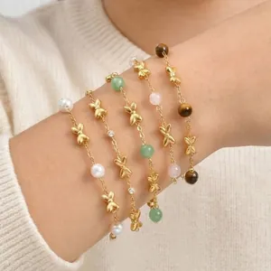 Bracelet Nœud Papillon Cœur En Acier Inoxydable Plaqué Or 18K Avec Zircone Cubique Pour Femmes Et Filles Mode