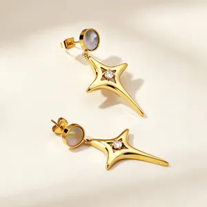 Boucles D'oreilles Étoiles Plaqué Or Acier Inoxydable Avec Nacre Et Zircone Bijoux De Niche Pour Femmes