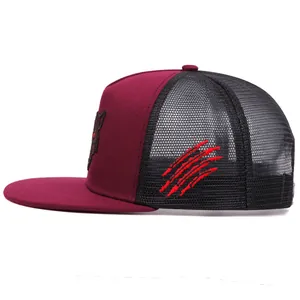 Stylish maroon mesh trucker hat featuring 3D tiger embroidery and red side claw marks