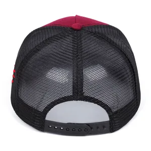 Back view of burgundy and black mesh trucker cap with adjustable plastic snapback strap