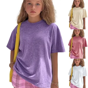 Detail view of colorful children's solid cotton T-shirts in purple, pink, and white
