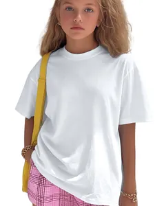 Detailed view of kids white crew neck short sleeve t-shirt on a young girl