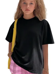 Detail shot of a casual black solid color short sleeve T-shirt on a child model
