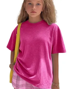 Close-up view of a young girl wearing a vibrant hot pink solid color short sleeve casual T-shirt.