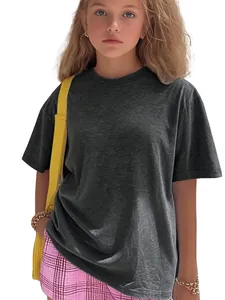 Detail view of children's heather charcoal short-sleeved T-shirt on a child model.