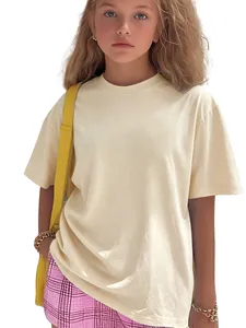 Close-up of a child wearing a minimalist cream-colored short-sleeved cotton T-shirt